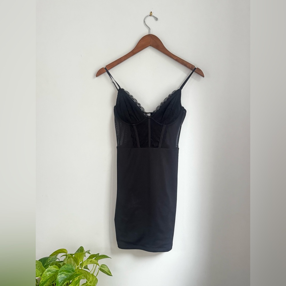 Garage Black Lace Slip Dress with Sheer Bodice